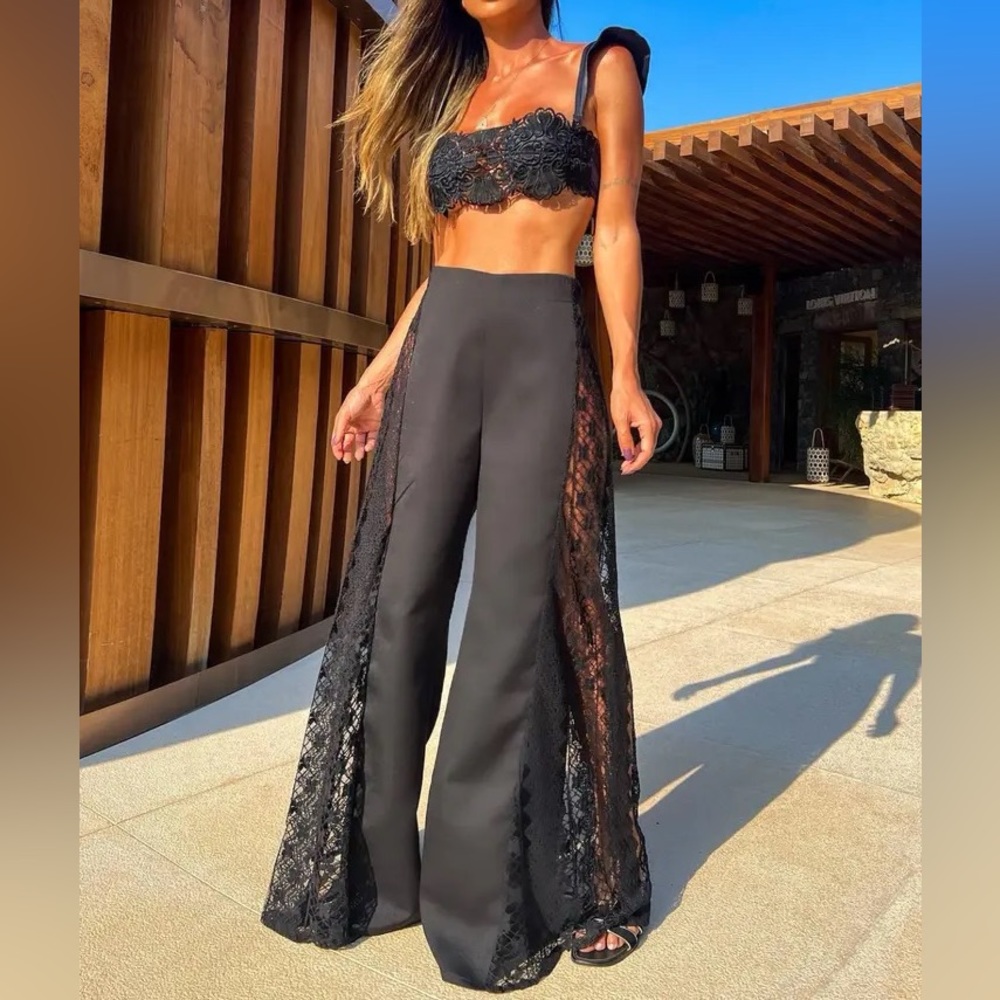 Beach Baby Black Lace 3Piece Set, Lace Inlay Pants+Lace Bikini Top&Bottoms